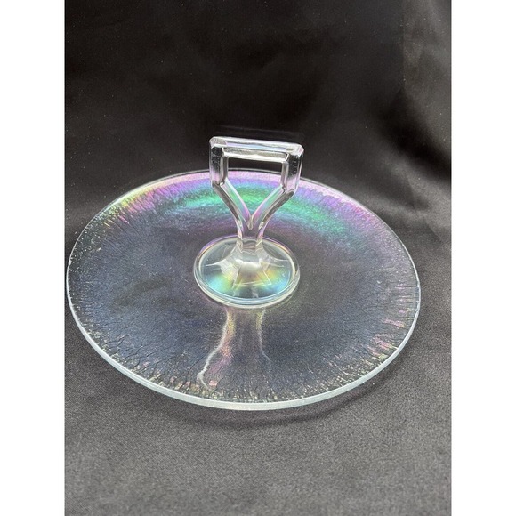 Vintage Clear Iridescent Depression Glass Center Handled Tid Bit Tray - Picture 6 of 14